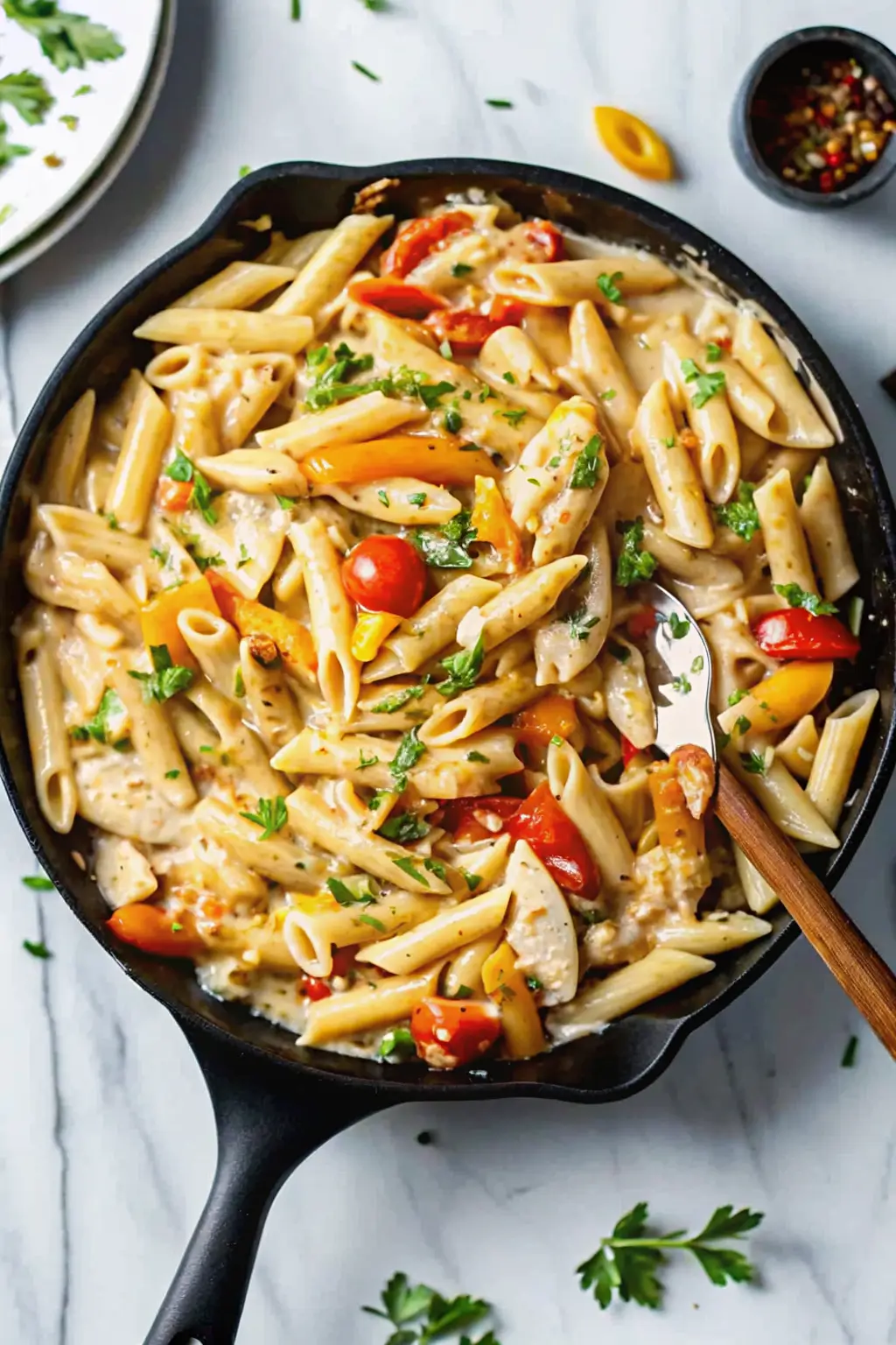 Rattlesnake pasta served in a cast iron skillet with creamy Cajun sauce and grilled chicken
