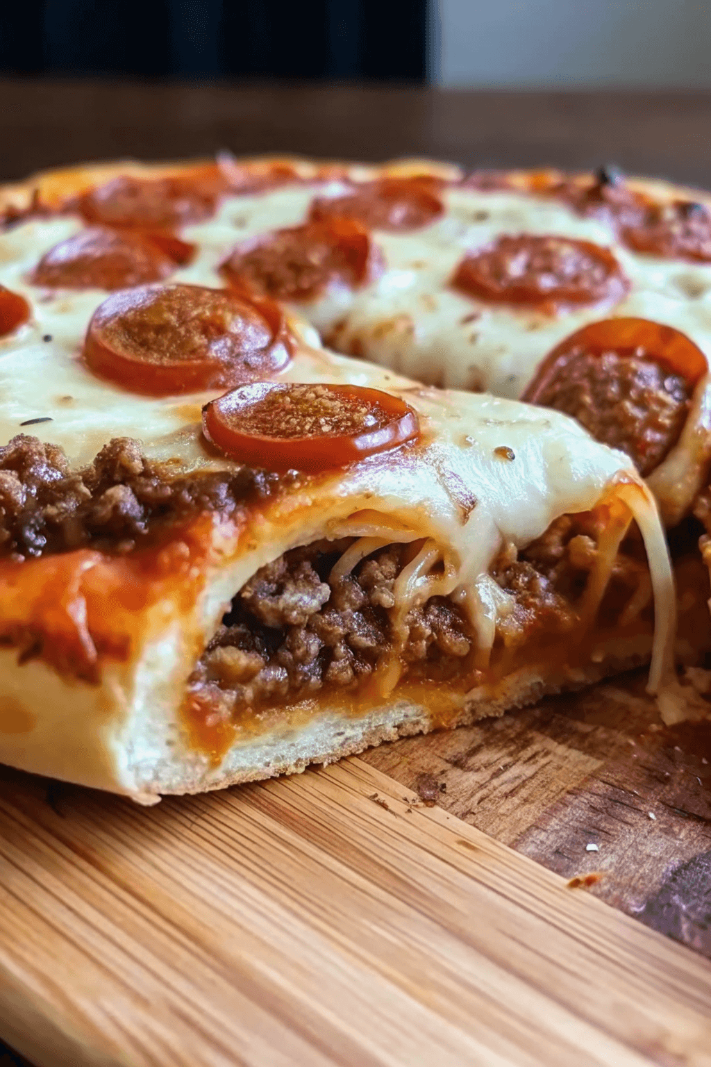 Cheesy baked pizza pie sliced with golden melted cheese and a crisp, deep-dish crust.