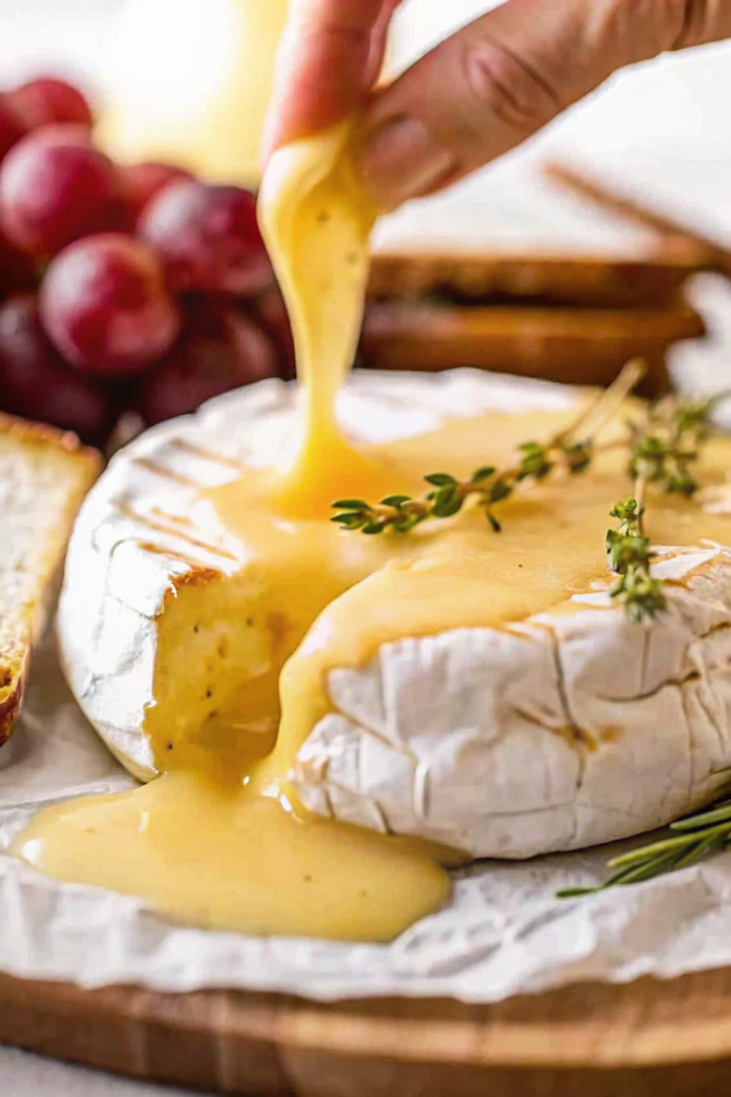 A wheel of brie with the top rind sliced off, ready for baking.