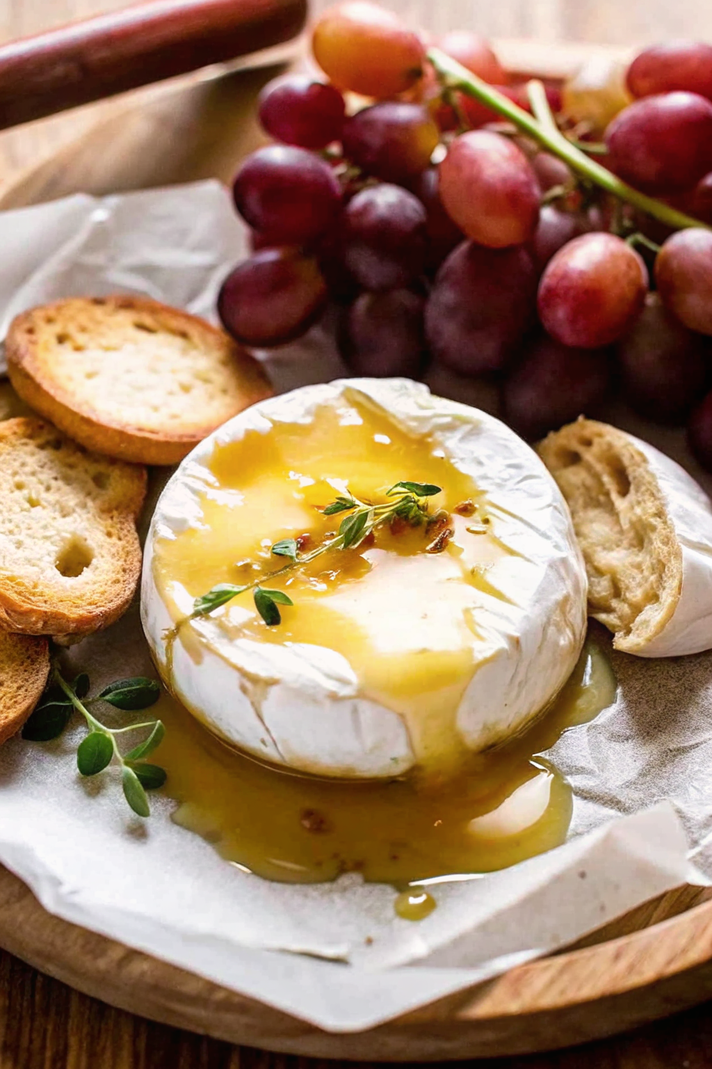 A golden baked brie wheel topped with honey and nuts, served with crackers.
