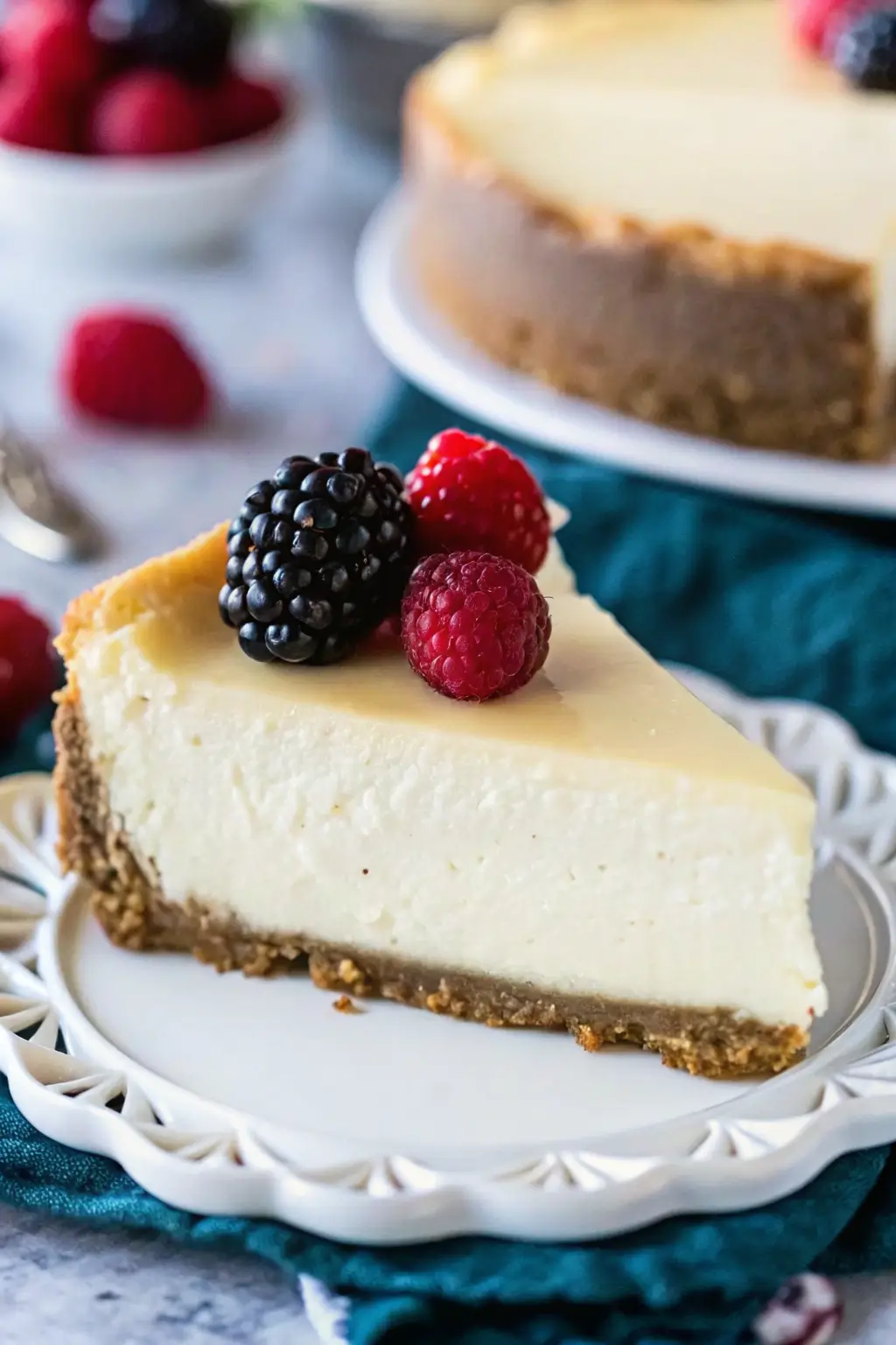 A perfect slice of classic cheesecake on a white plate with a fork.
