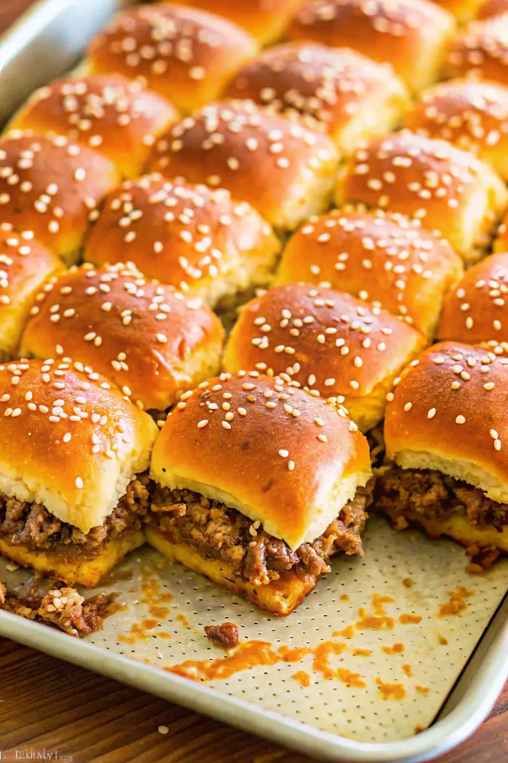 Close-up of mini beef sliders with cheese, lettuce, and toasted buns arranged on a serving board