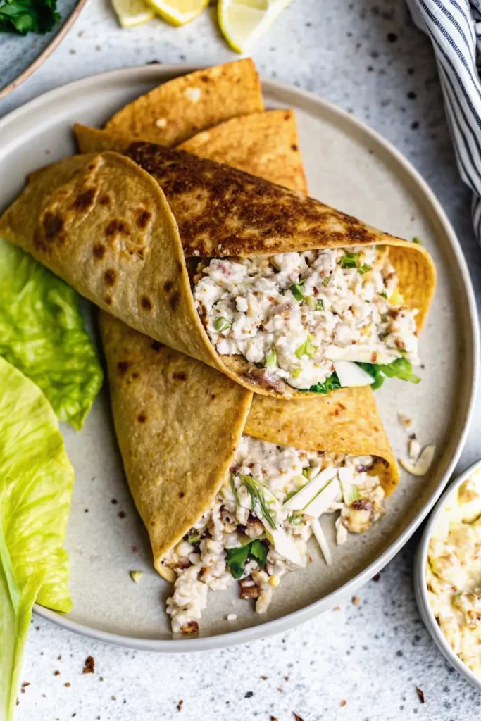 Chicken salad mixture with celery, herbs, and dressing in a bowl