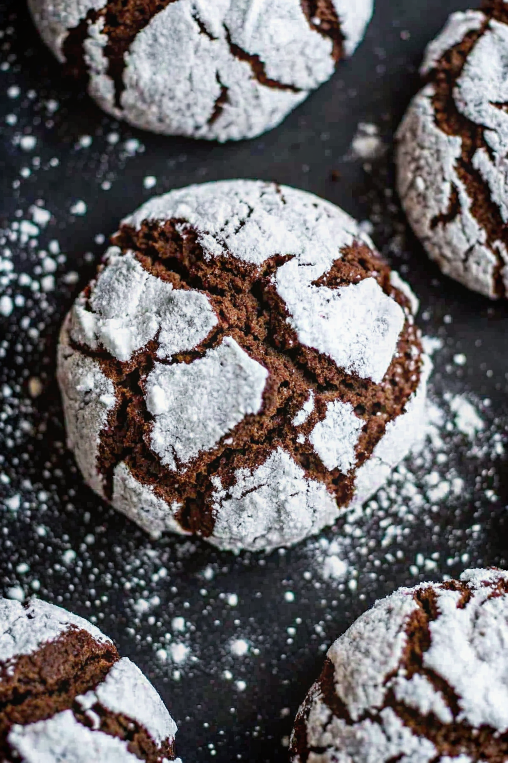 A stack of fudgy chocolate crinkle cookies dusted with powdered sugar.