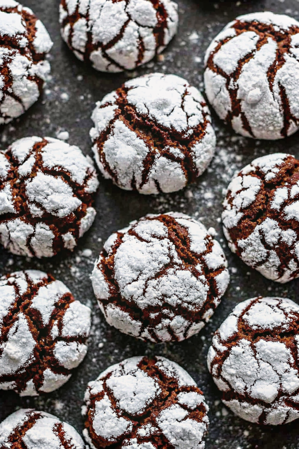 Rolling dark chocolate cookie dough balls into a bowl of white powdered sugar.