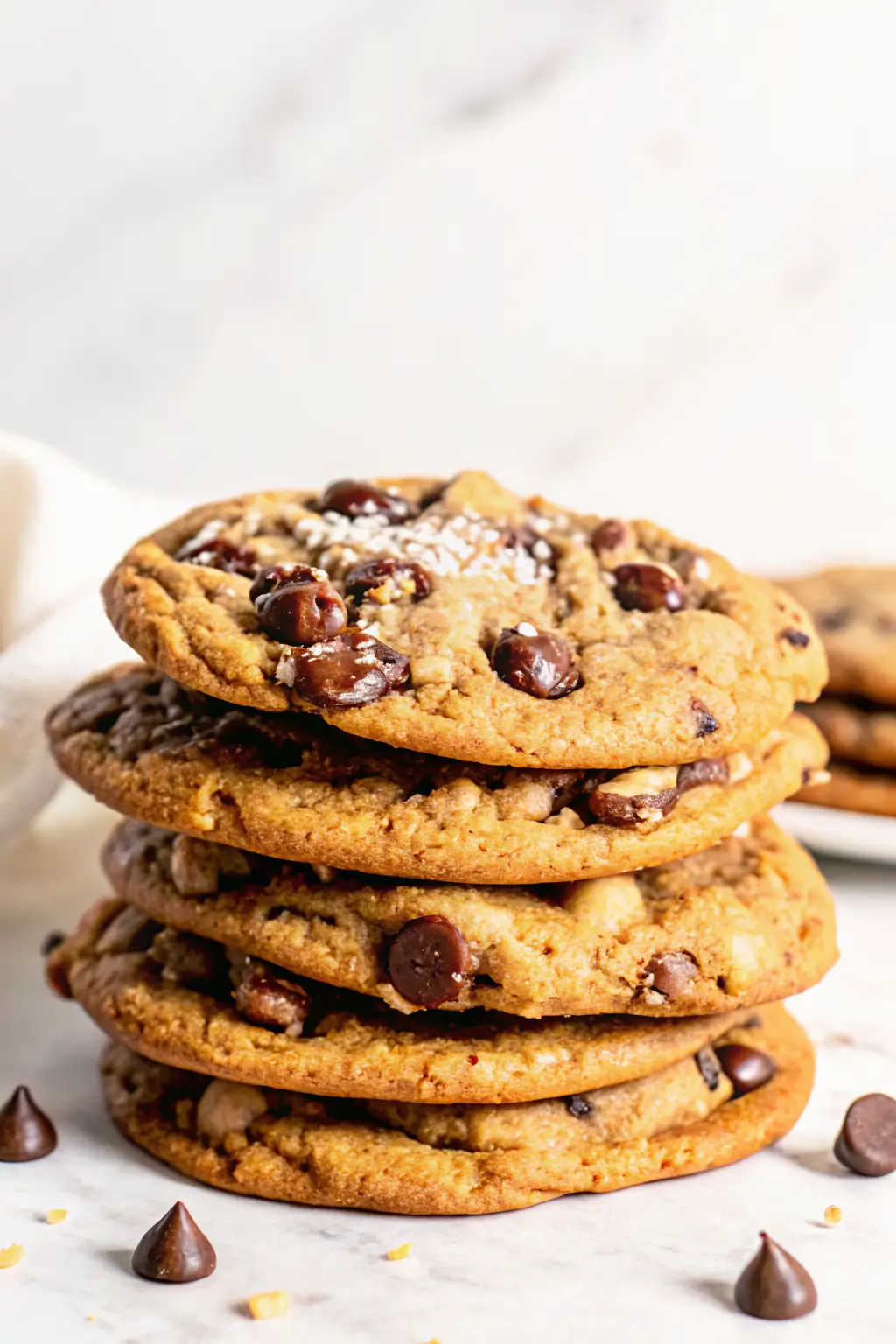 Warm chocolate chip cookies stacked on a wooden board