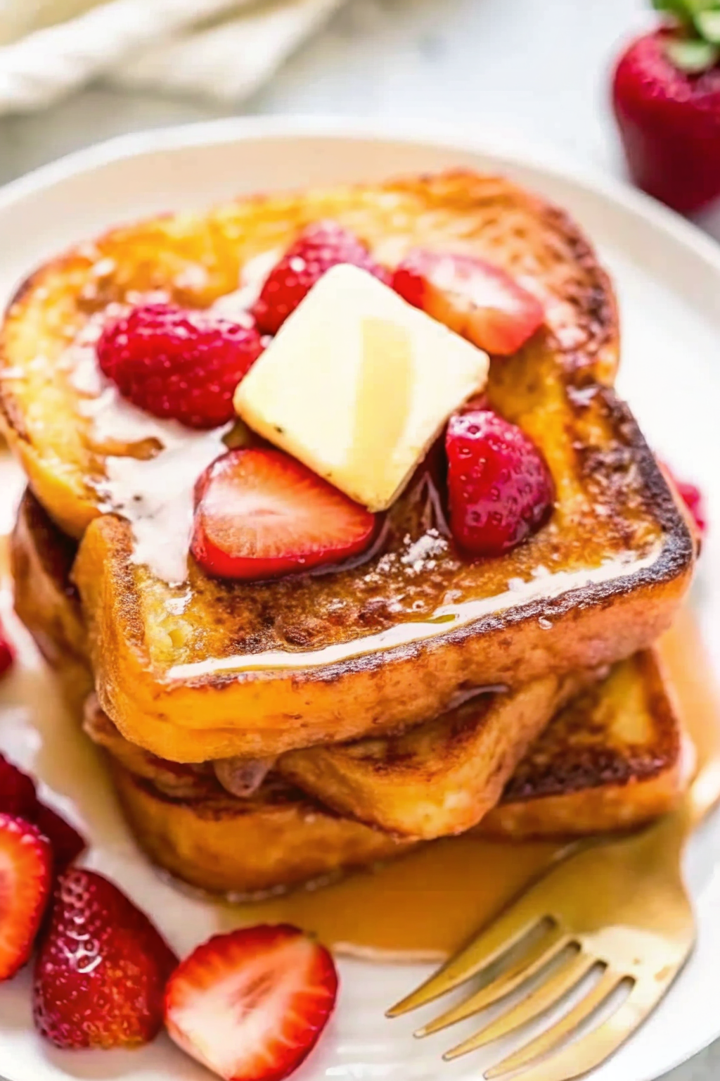 Stack of golden French toast topped with fresh strawberries and a pat of butter