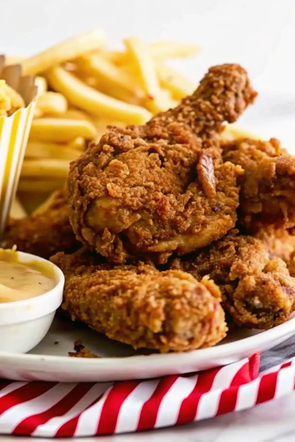 Family-style meal with crispy fried chicken, biscuits, and coleslaw on a wooden table