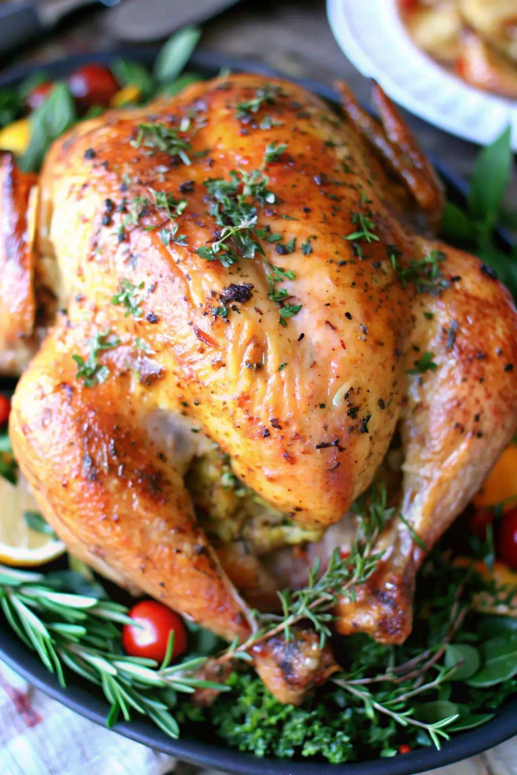 Golden roast turkey with herb butter on a platter