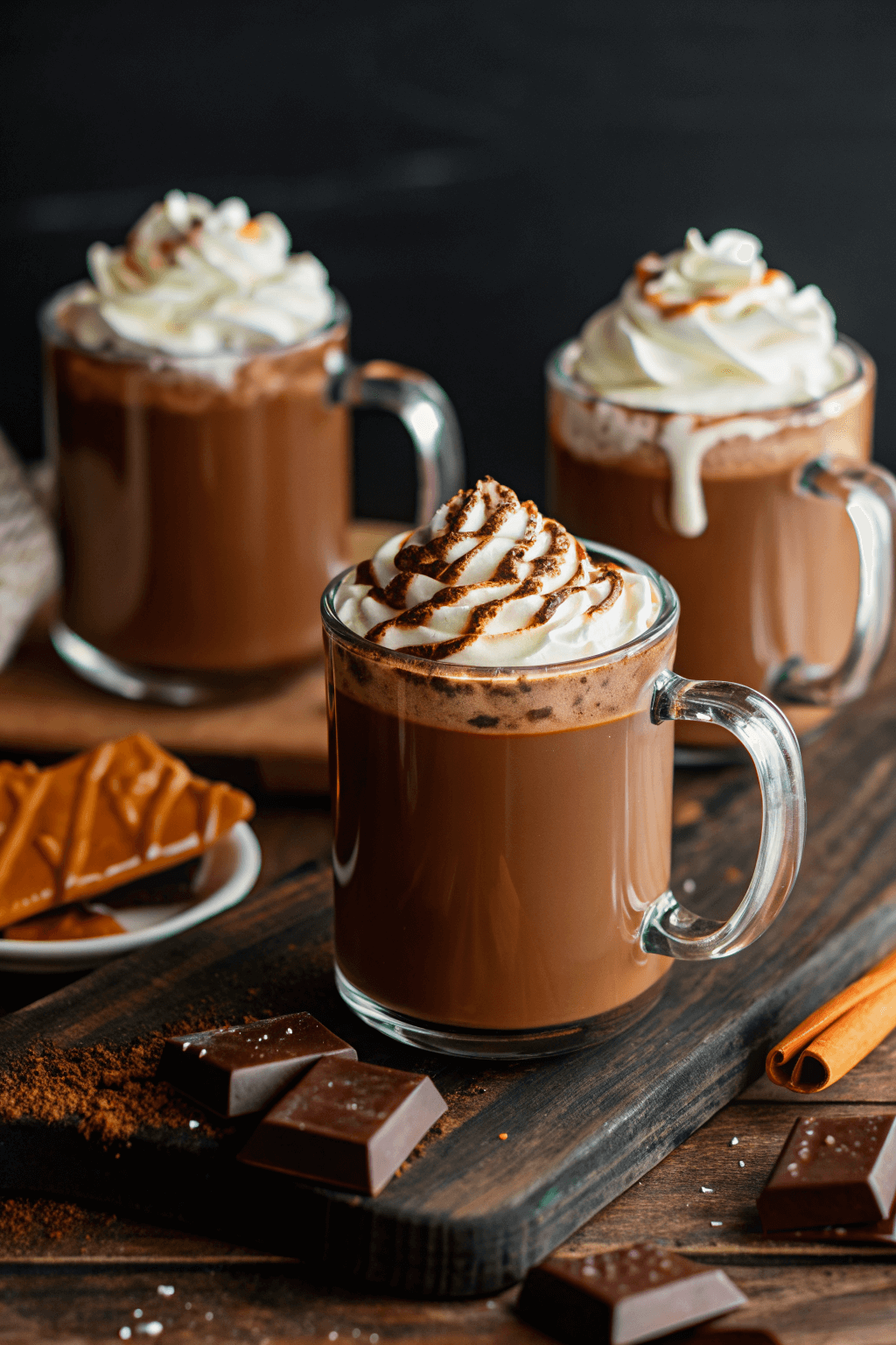 “Mug of creamy hot chocolate topped with fluffy whipped cream and chocolate shavings, served warm and cozy on a wooden table.”