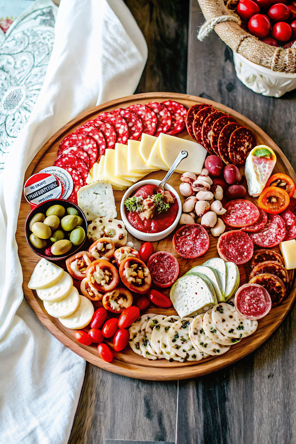 Close-up detail of salami folded into a river shape and prosciutto piles on a board