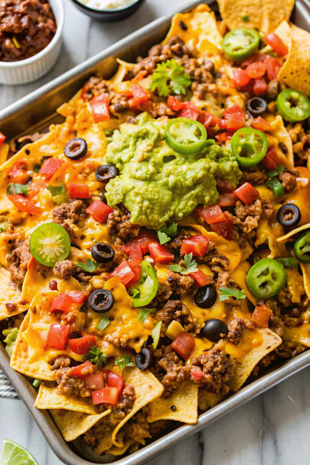 A large sheet pan of loaded nachos topped with beef, cheese, and fresh vegetables