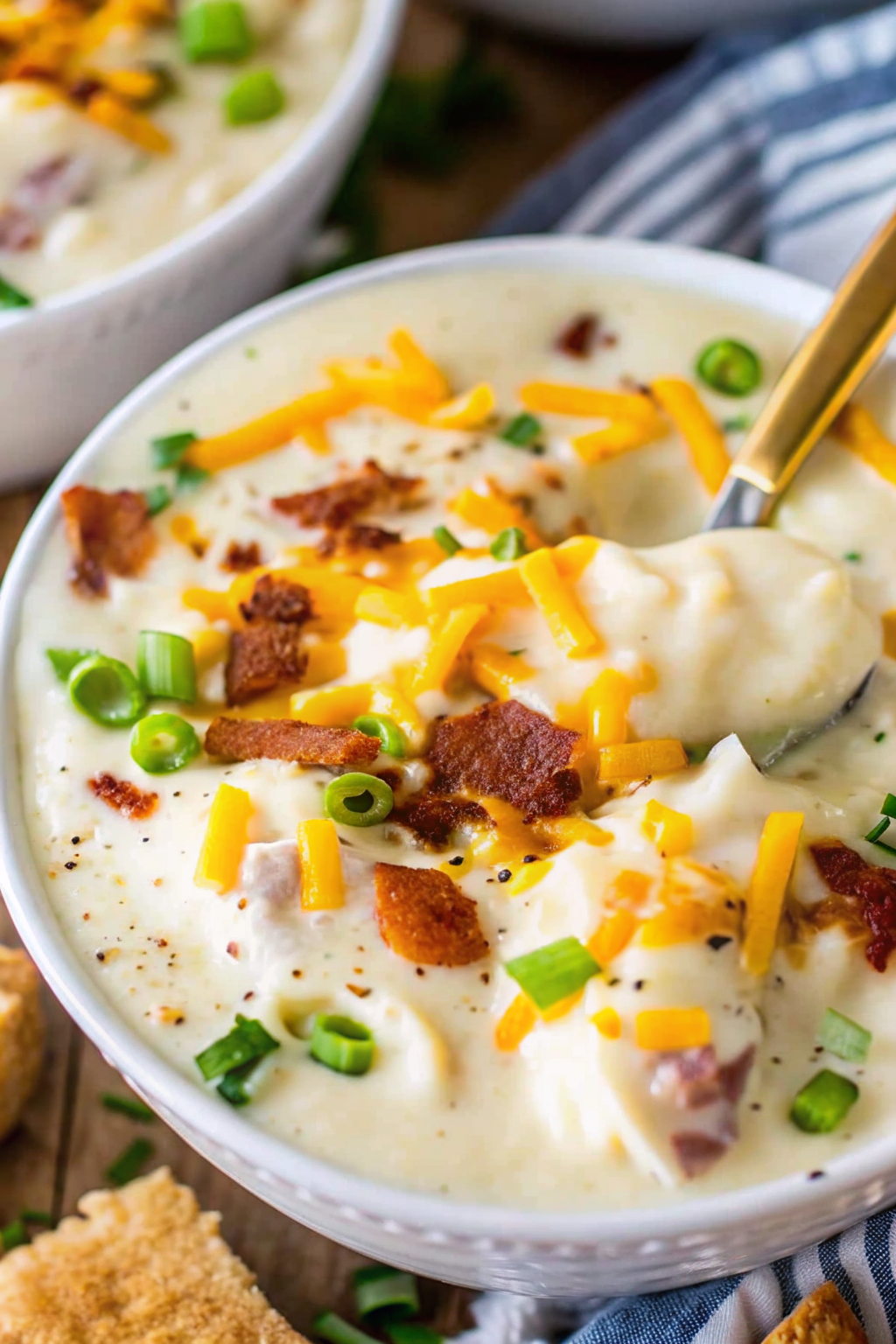 A bowl of creamy potato soup loaded with bacon, cheese, and green onions