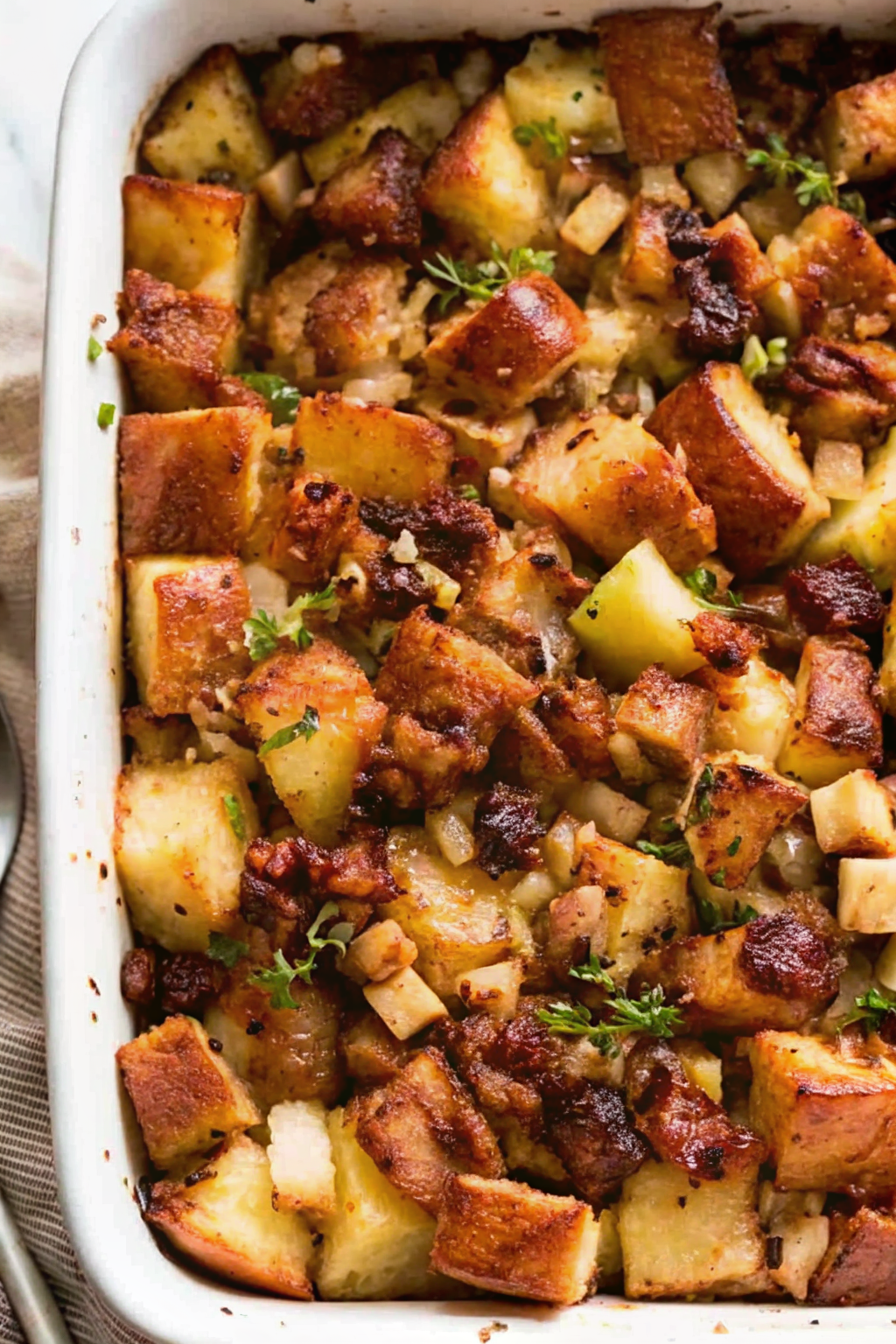 Ingredients for stuffing including bread cubes, herbs, and vegetables on a board.
