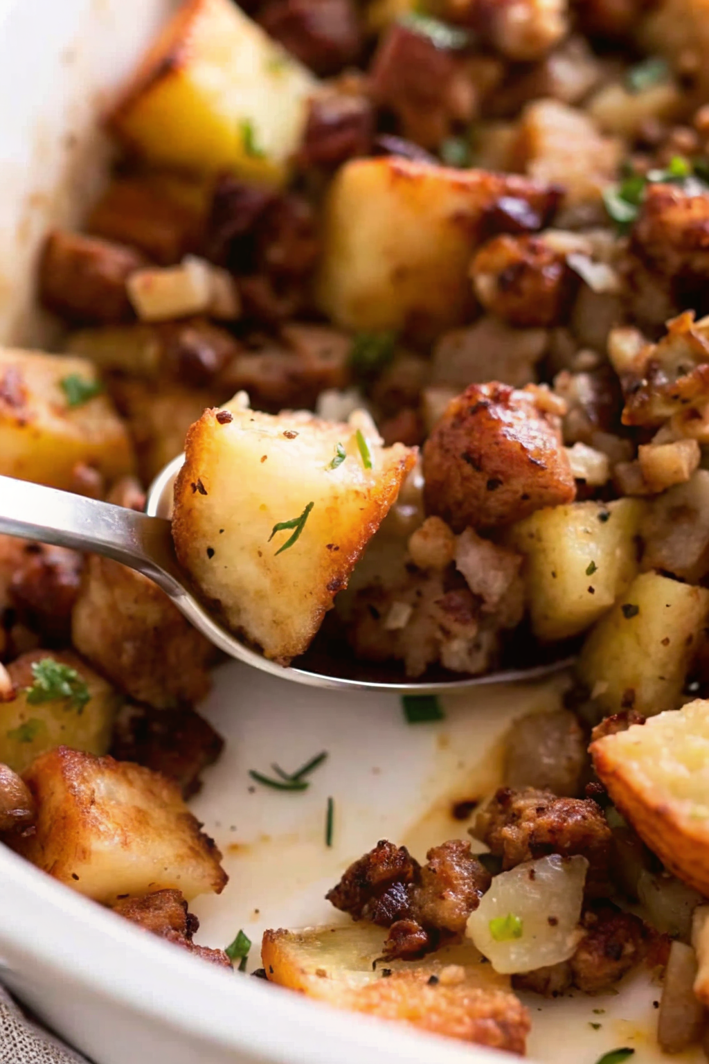 A casserole dish filled with golden brown holiday stuffing on a festive table.