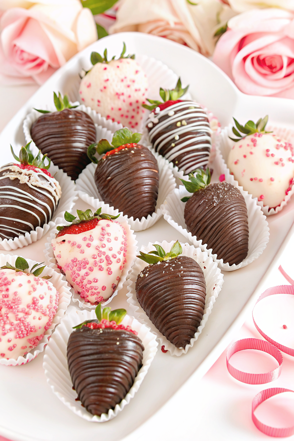 A wooden board filled with homemade chocolate-covered strawberries drizzled with white chocolate.