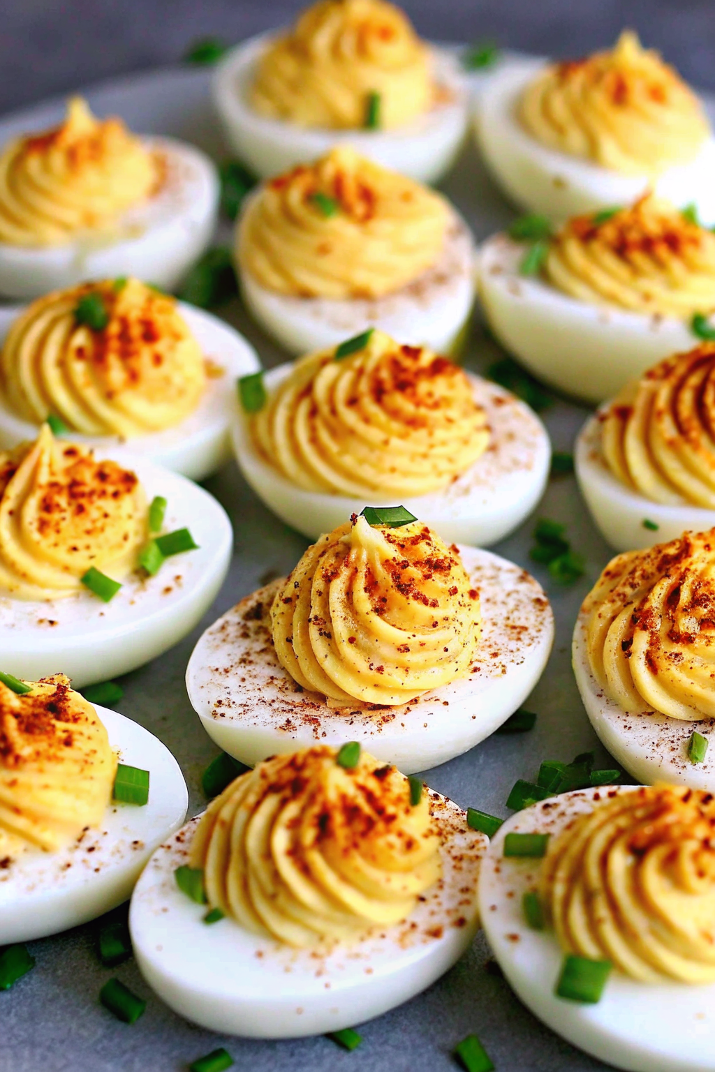 A white ceramic platter filled with creamy deviled eggs garnished with paprika and chives.