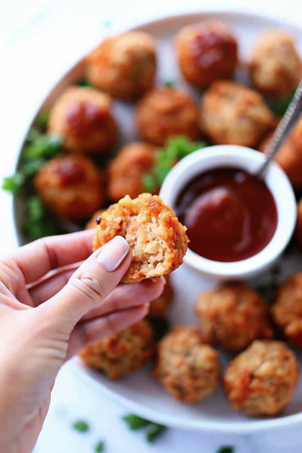 A heaping platter of golden brown sausage balls garnished with fresh parsley.