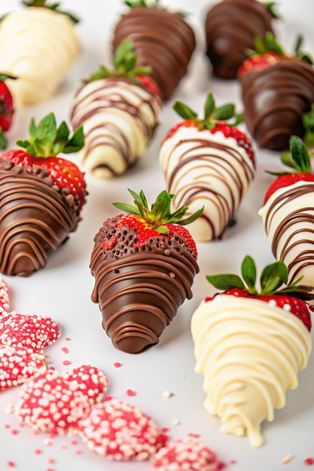Fresh strawberries drying on a white towel before being dipped in chocolate.