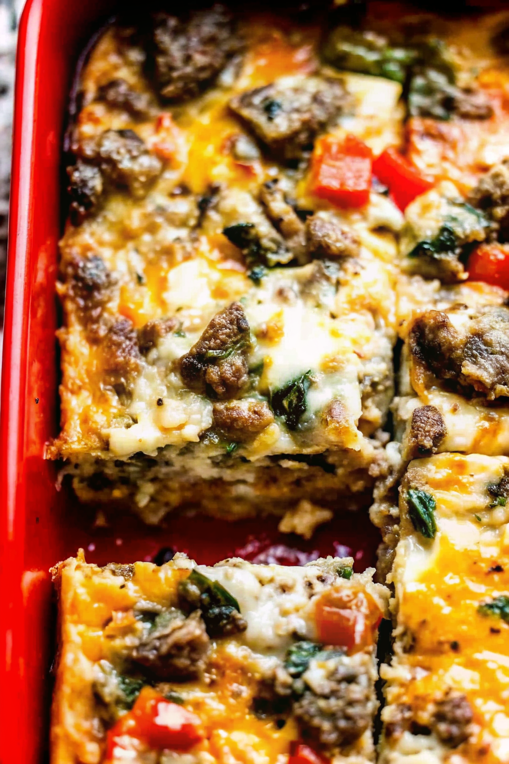 A slice of cheesy sausage breakfast casserole being lifted from a baking dish