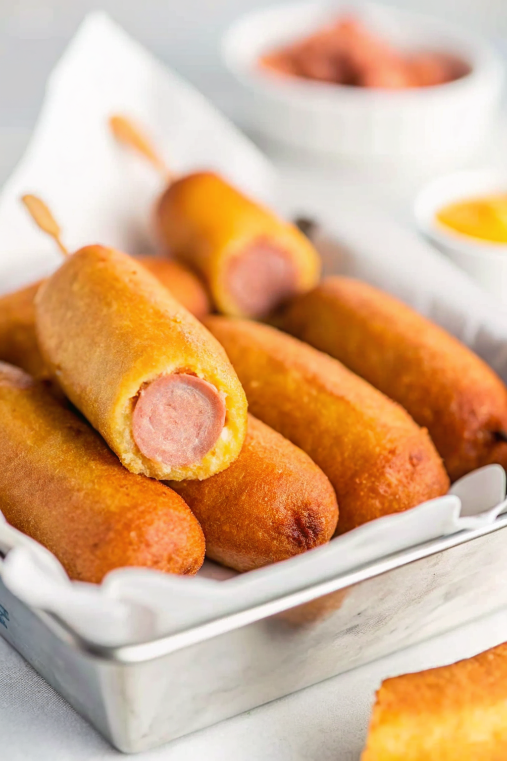 A hot dog on a skewer being dipped into a tall glass of cornmeal batter.