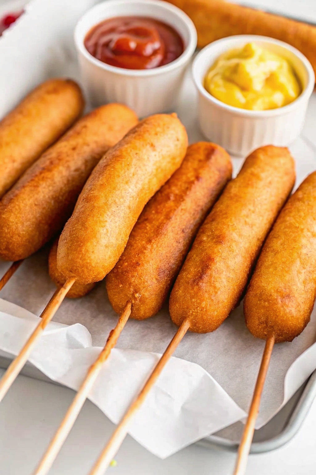 A stack of golden brown homemade corn dogs on a wooden board with mustard.