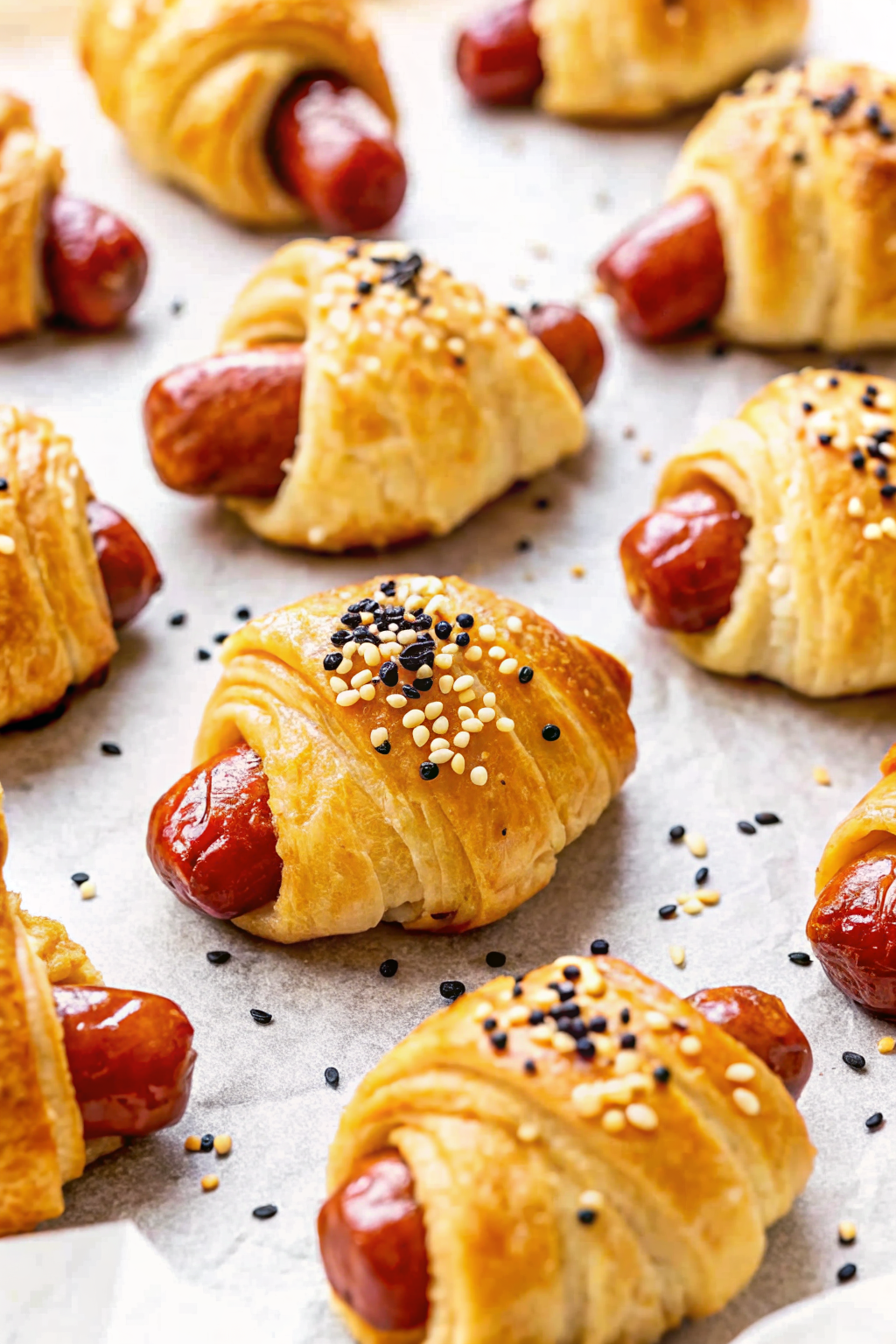 A wooden board filled with golden brown pigs in a blanket topped with seasoning.