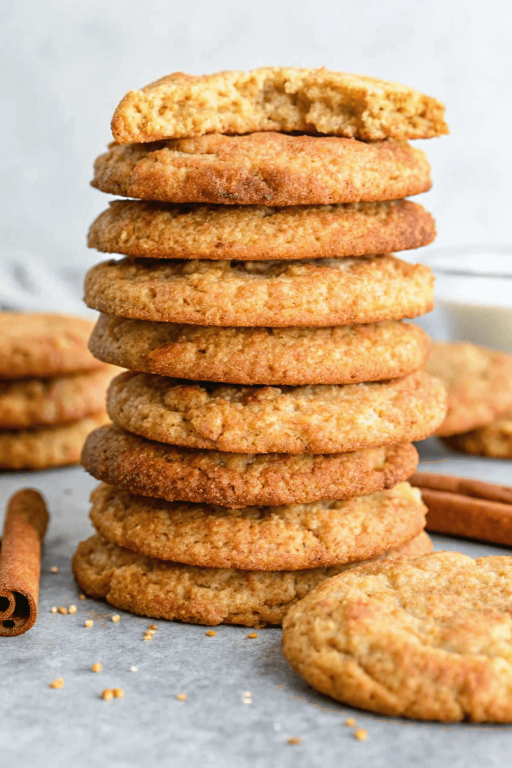 Stack of warm, soft snickerdoodle cookies coated in cinnamon sugar