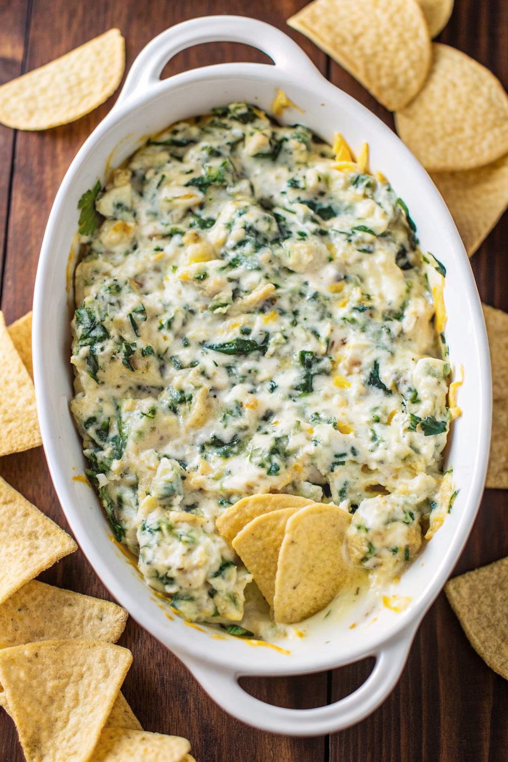 A hot cast iron skillet filled with cheesy spinach artichoke dip and tortilla chips.
