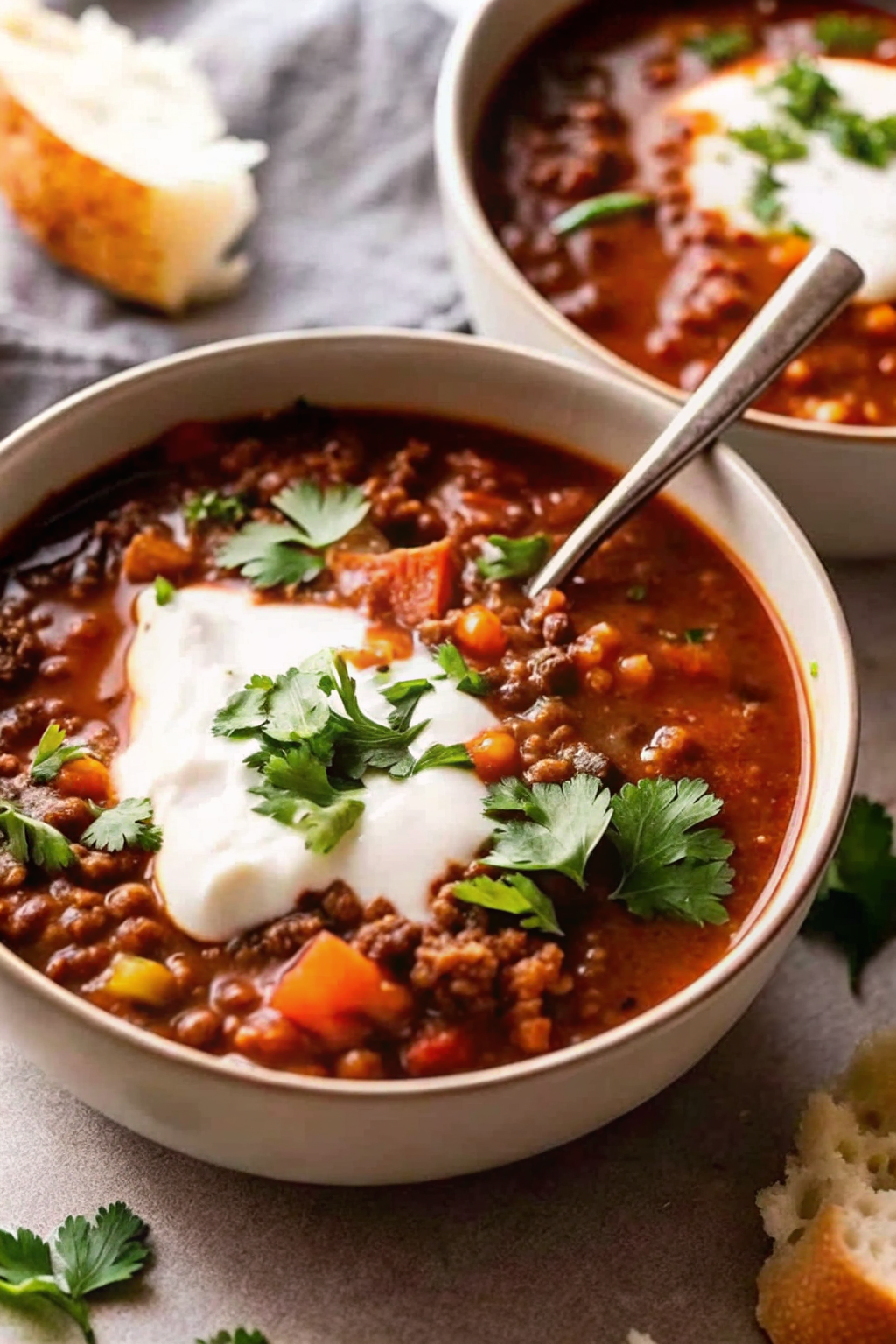 A ladle pouring thick lentil soup back into a Dutch oven pot