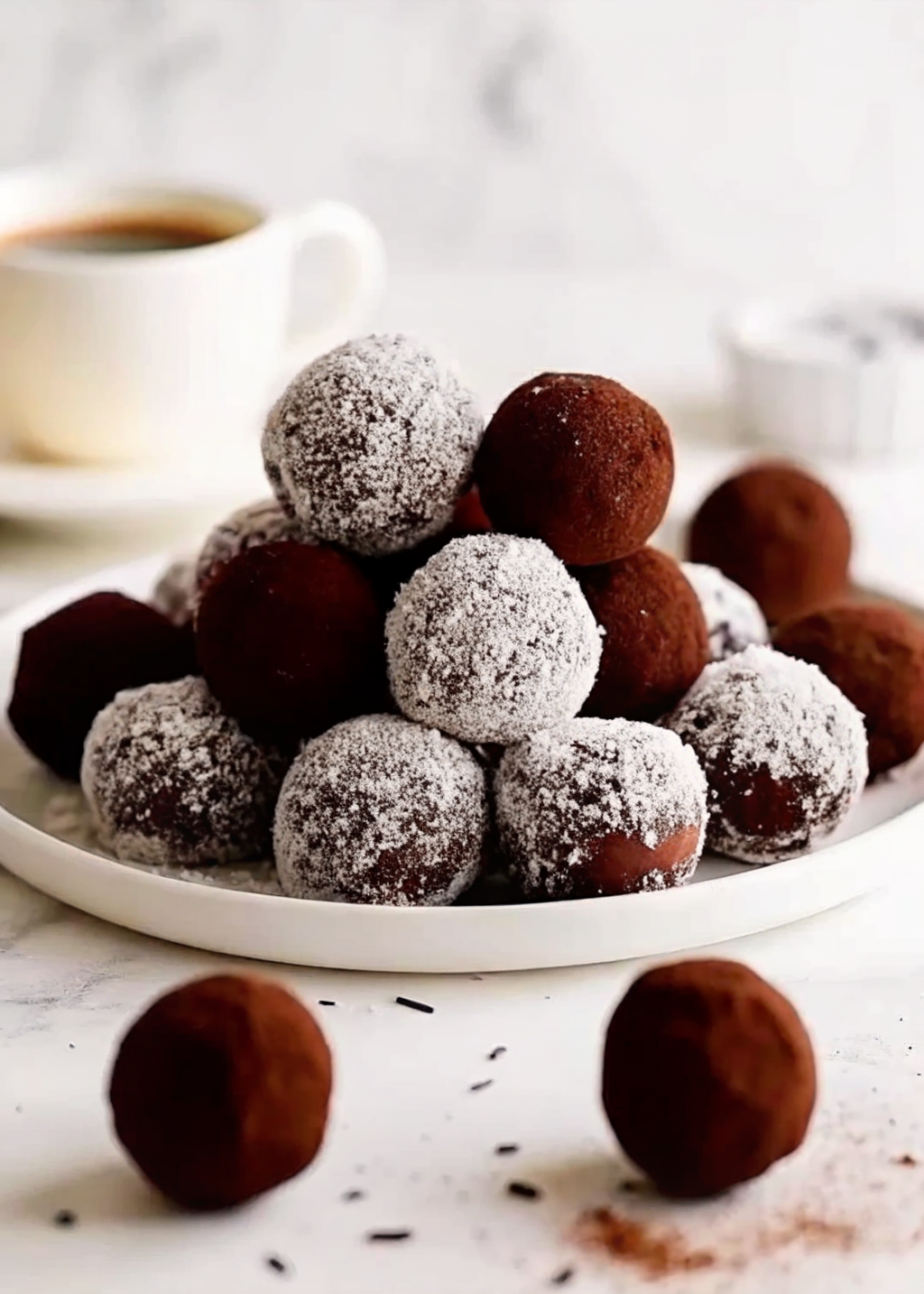A rustic pile of homemade chocolate truffles dusted with cocoa powder