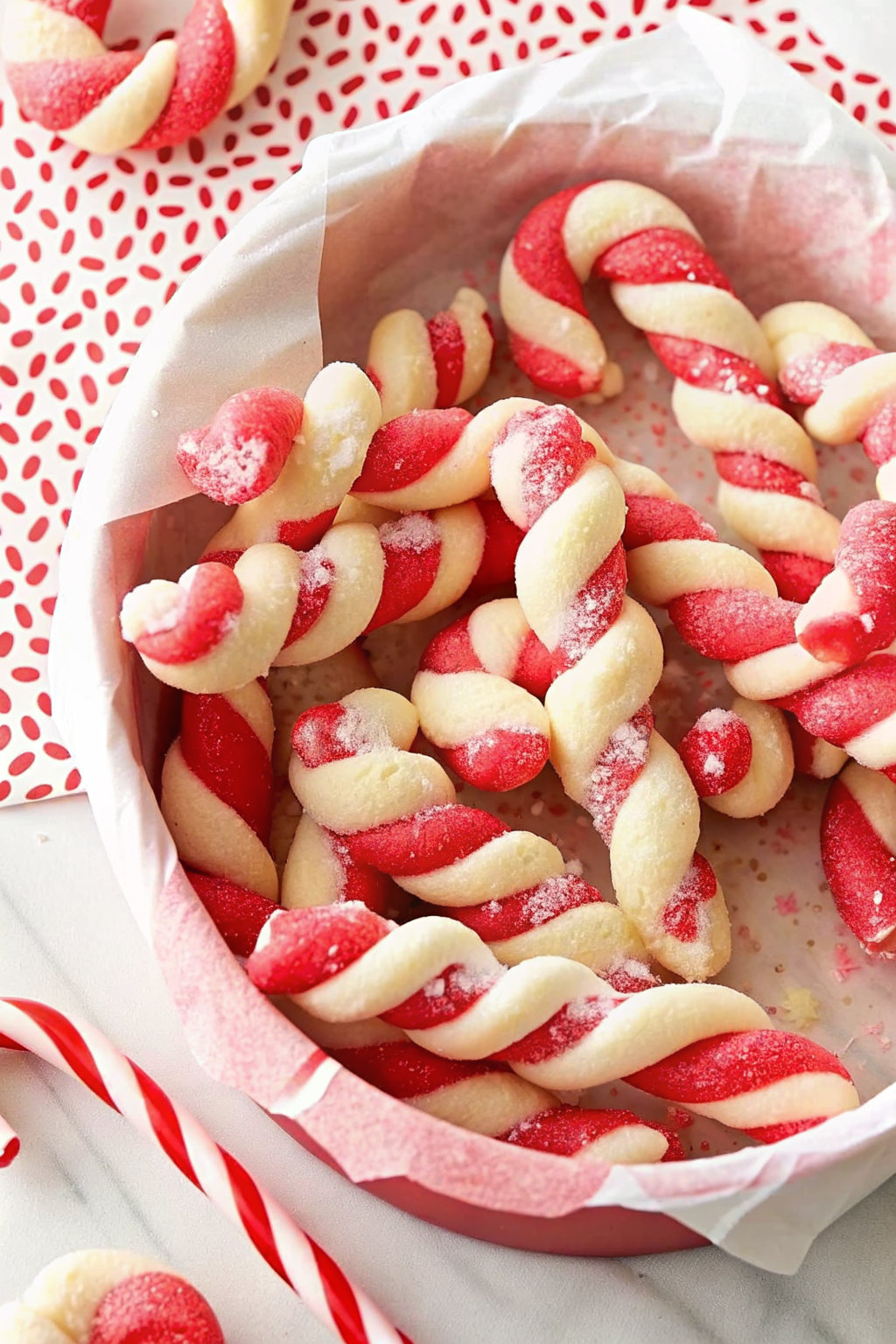 Hands twisting red and white dough ropes to form candy cane cookies