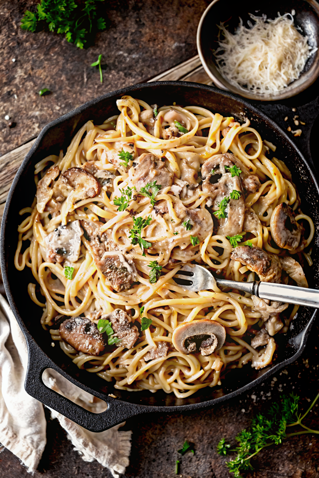 Heavy cream being poured into a skillet with mushrooms and garlic