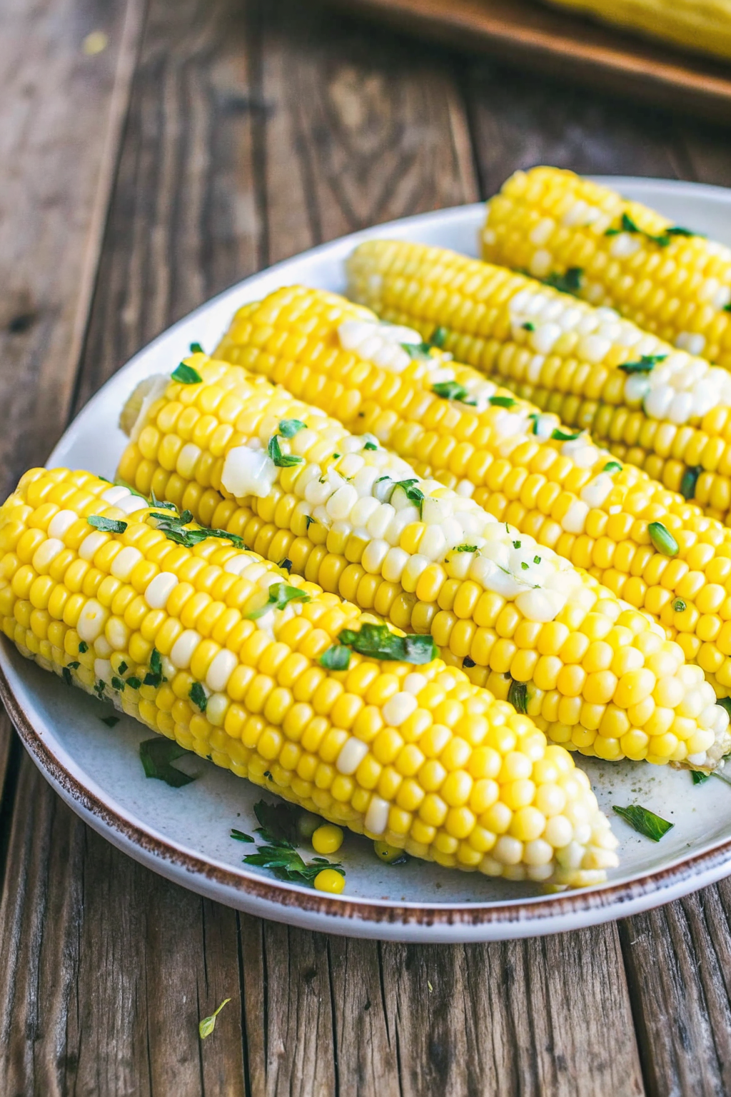 Grilled corn on the cob slathered with melting herb butter and garnished with fresh parsley