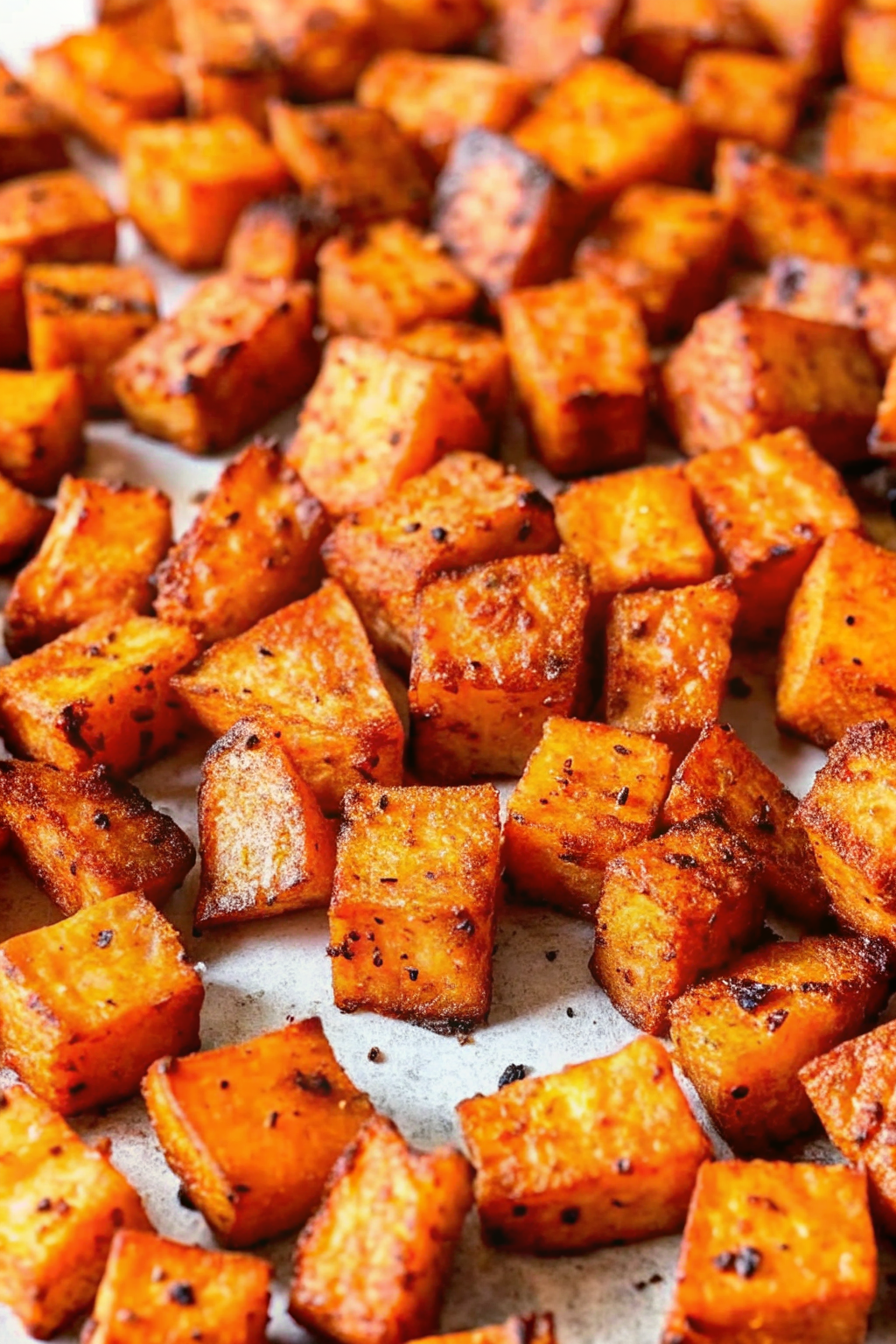 Sprinkling cornstarch over raw sweet potato cubes in a mixing bowl