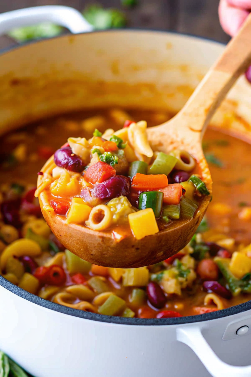 A bowl of hearty Minestrone Soup with pasta and vegetables