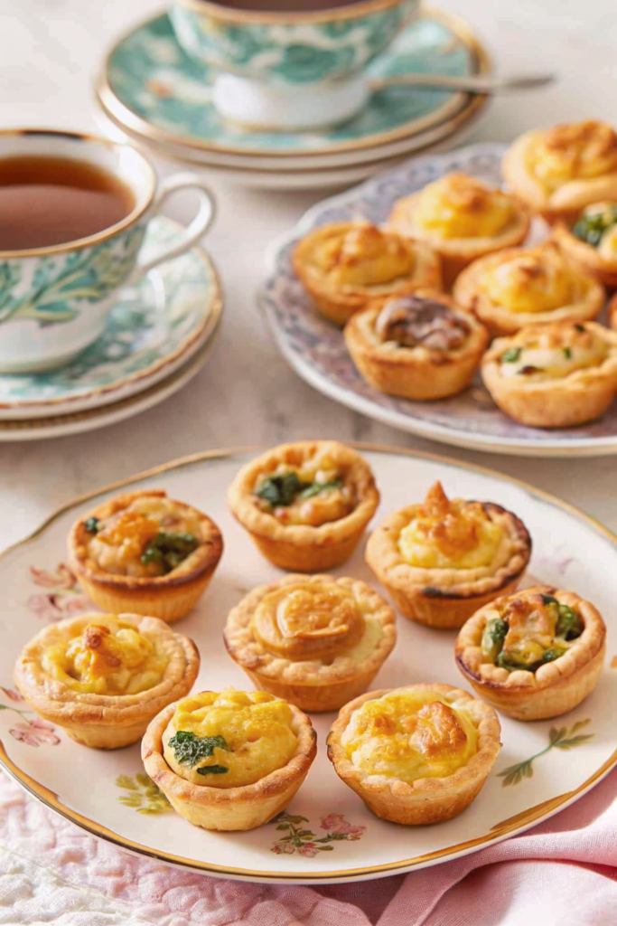 A platter of freshly baked mini quiches garnished with herbs on a table.