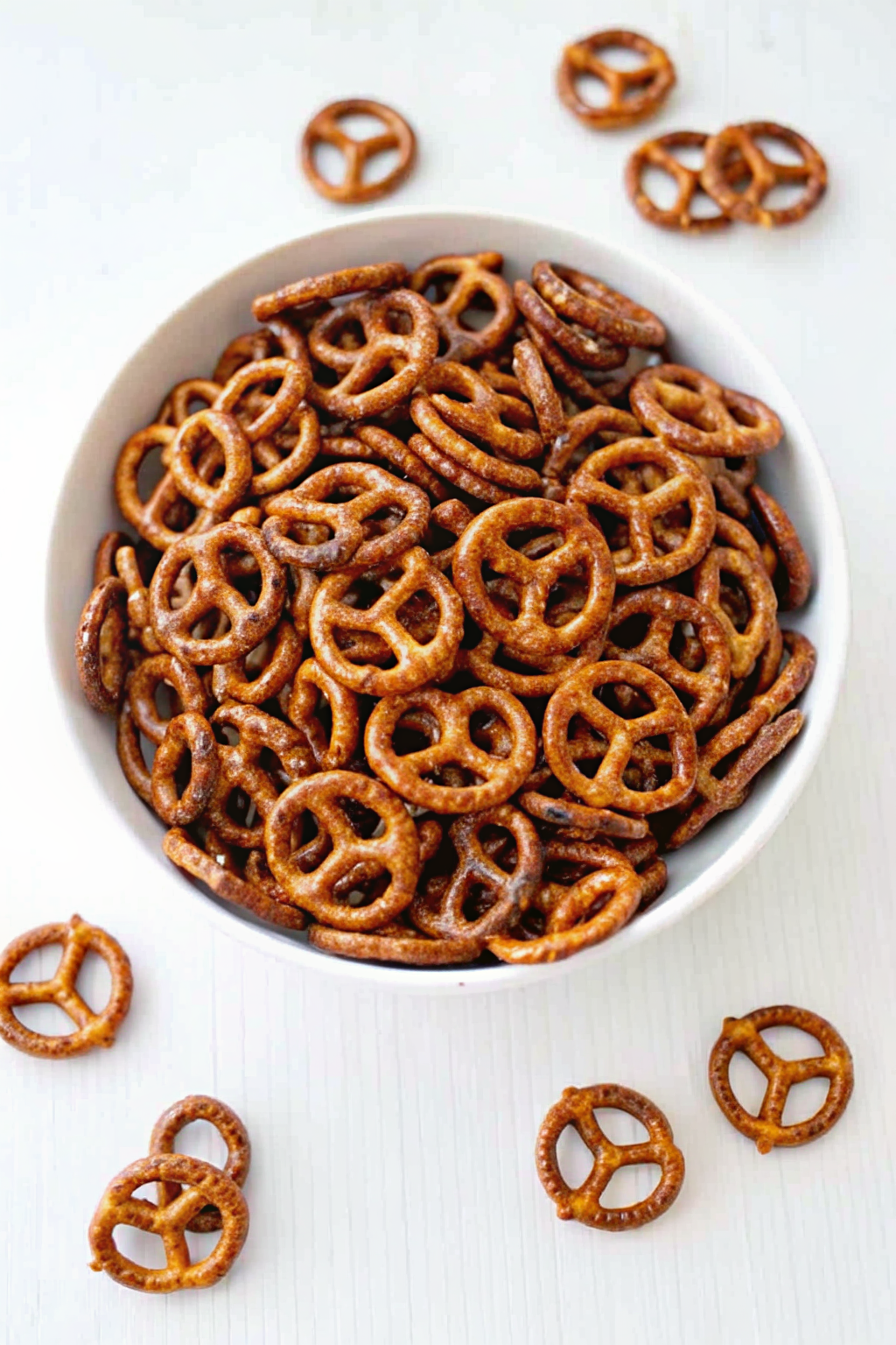 A large glass bowl overflowing with golden brown seasoned pretzel twists seasoned with herbs and spices.
