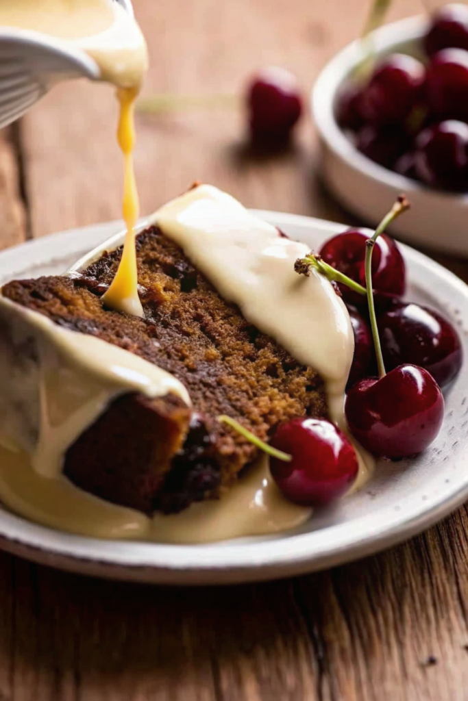 A slice of dense, moist fruit cake on a white plate ready to eat