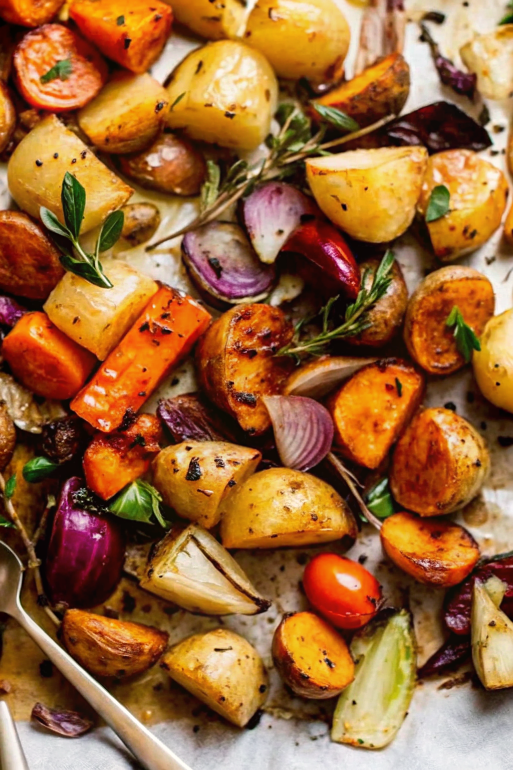 A warm bowl of roasted vegetables served on a dinner table.