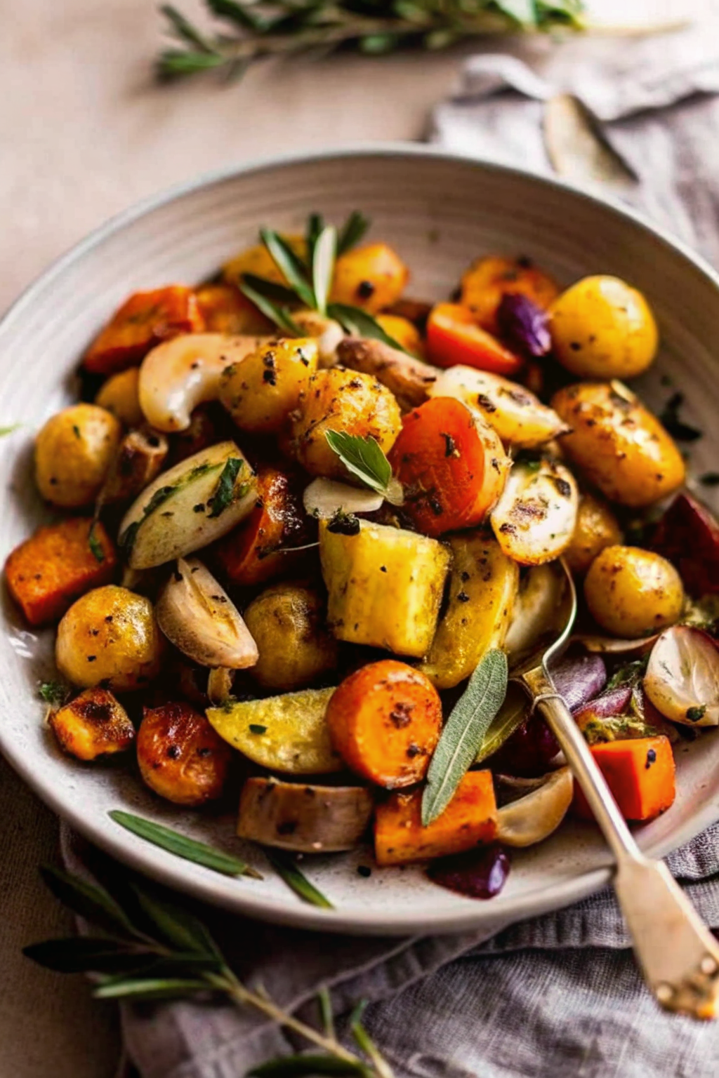 A sheet pan full of colorful roasted vegetables topped with fresh herbs.