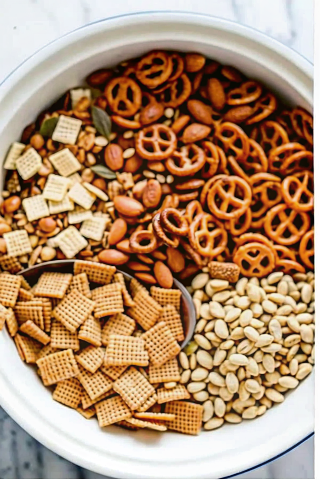 A stream of melted seasoned butter being poured over a bowl of raw cereal and pretzels.