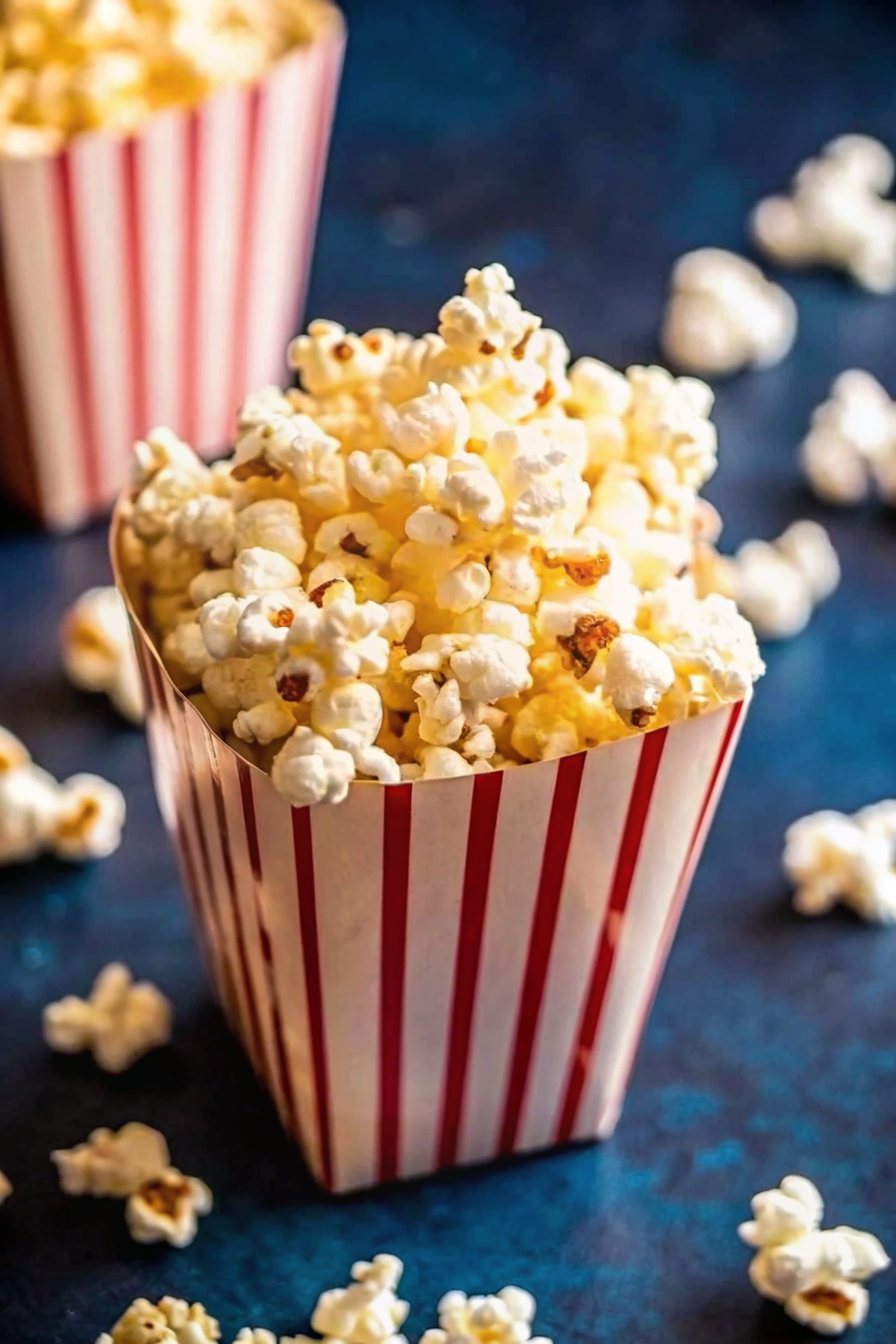 A large red bowl filled with fluffy white stovetop popcorn drizzled with butter.