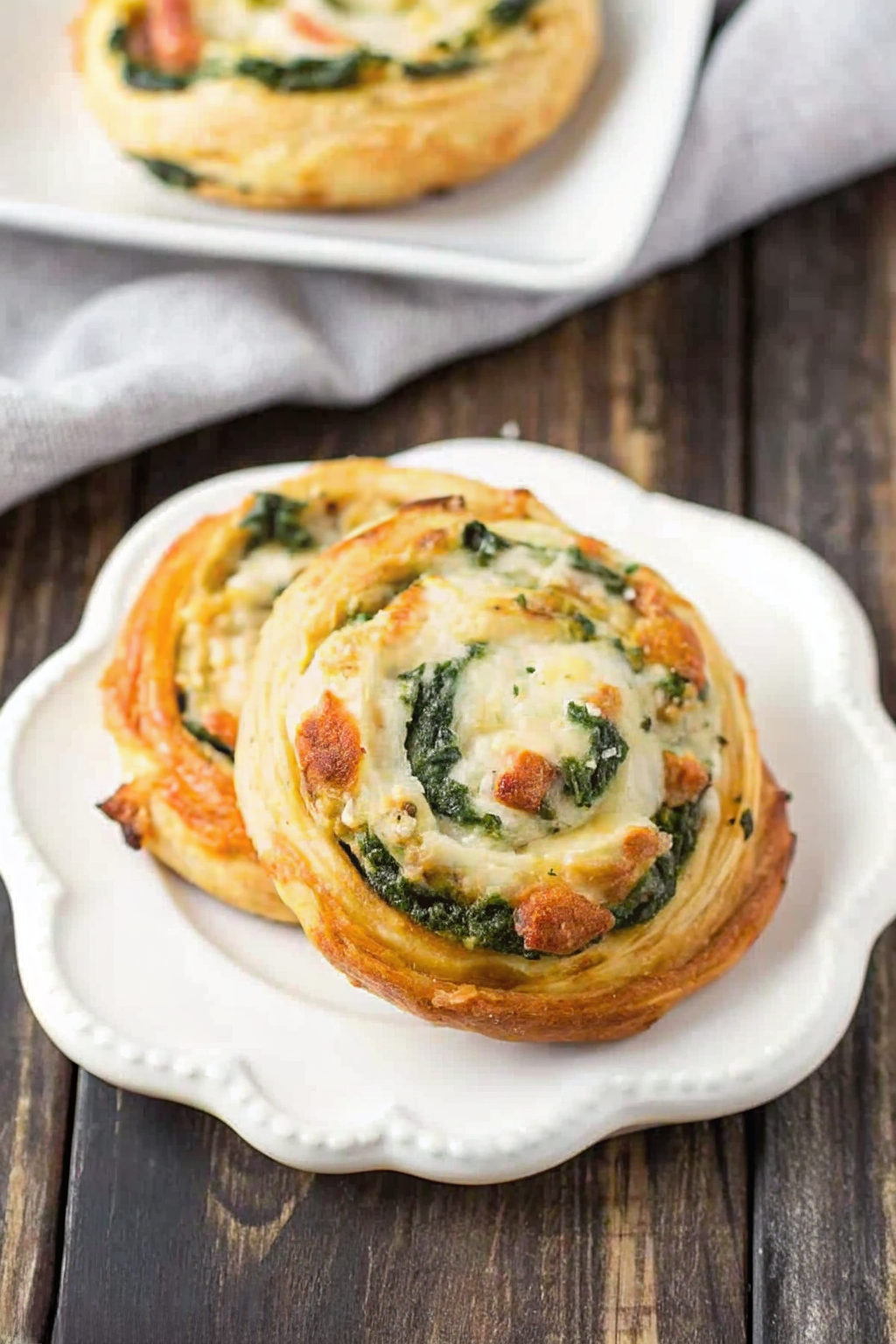 Spreading spinach and feta filling onto a sheet of puff pastry.