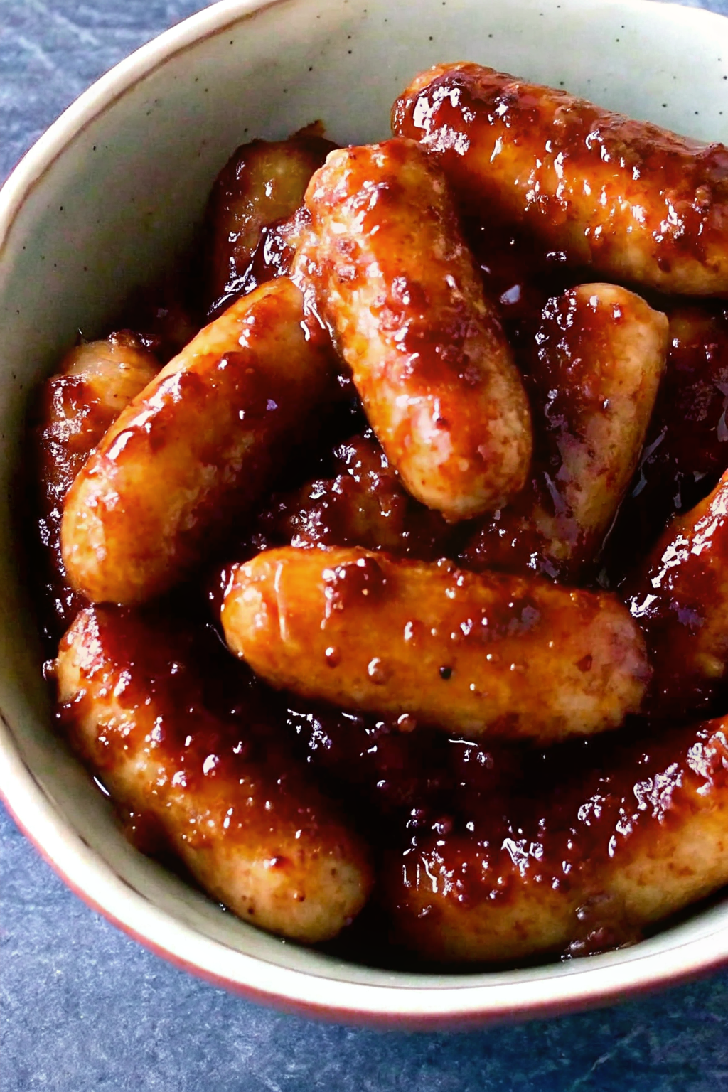 A white bowl filled with glistening honey-glazed smoked sausages garnished with green onions