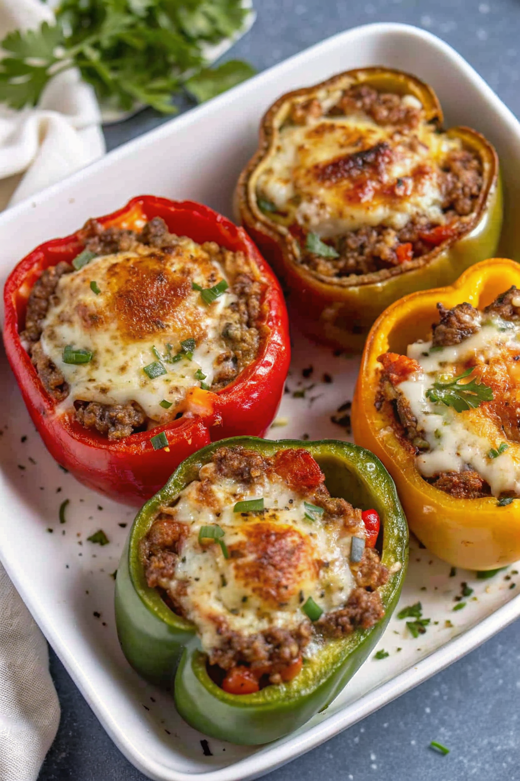 A dark slate platter filled with roasted cheese-stuffed jalapeño peppers wrapped in bacon