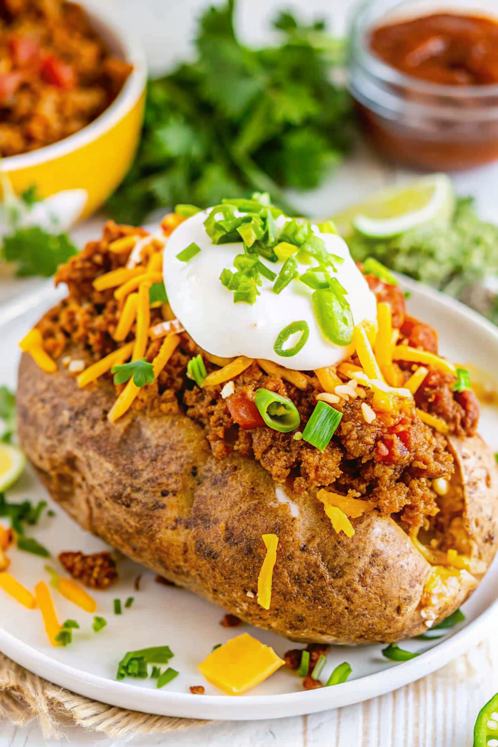 A steaming loaded baked potato overflowing with cheddar cheese, sour cream, crispy bacon bits, and chives.