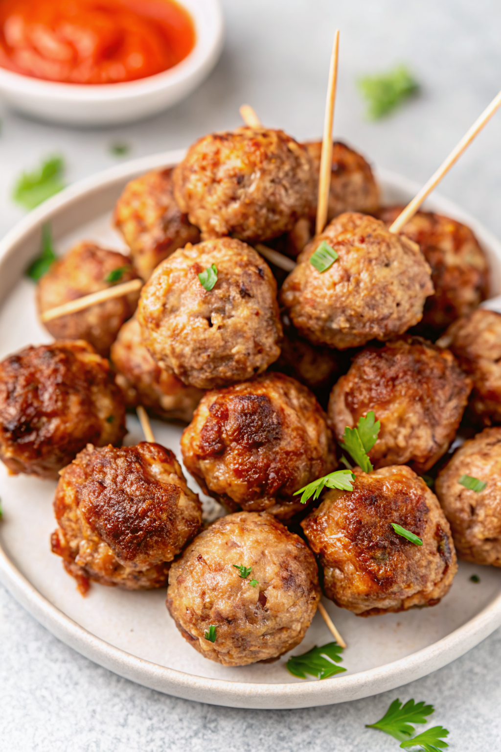 Mini meatball bites simmering in a rich marinara sauce in a cast iron skillet