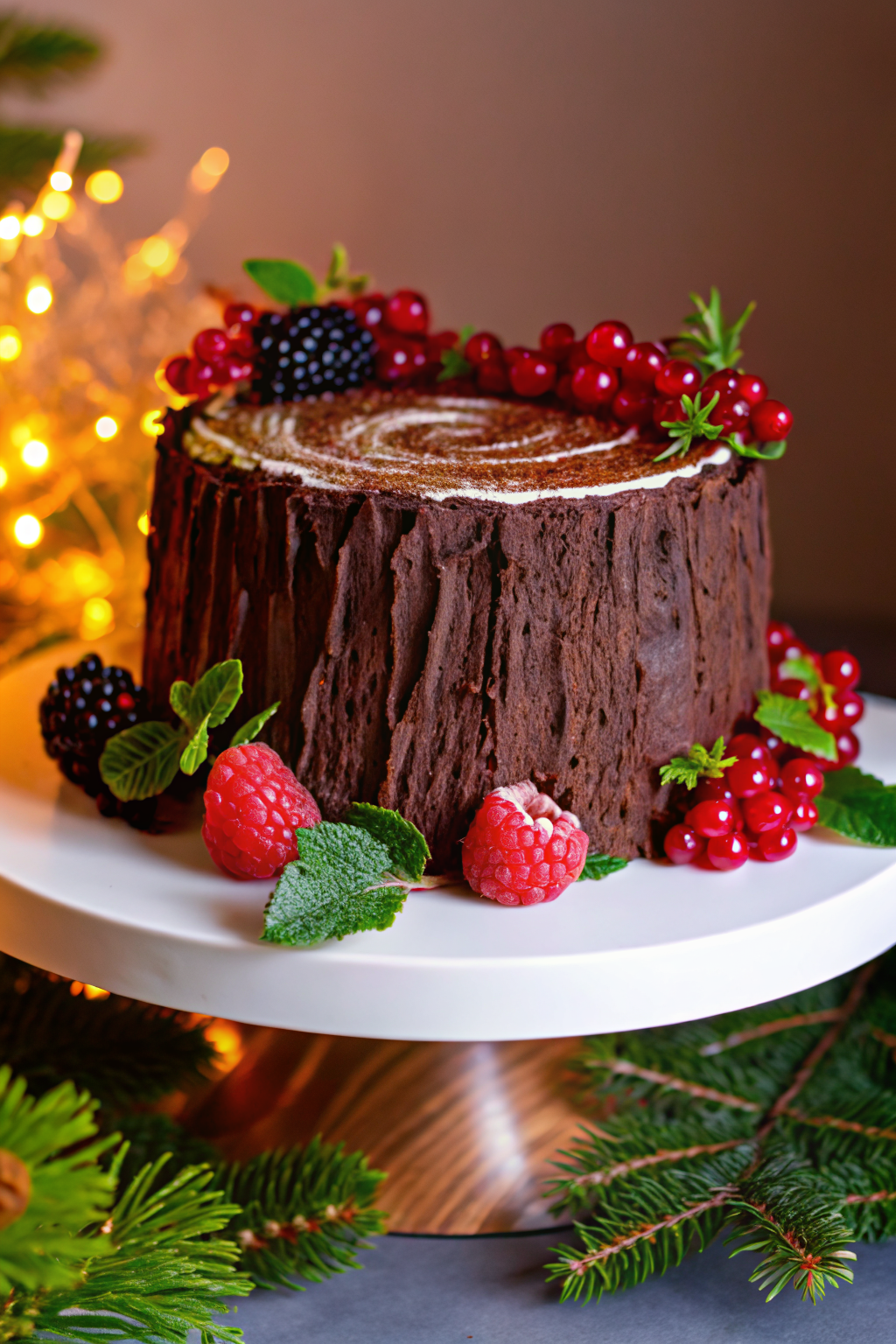 A festive chocolate Bûche de Noël decorated with meringue mushrooms and powdered sugar