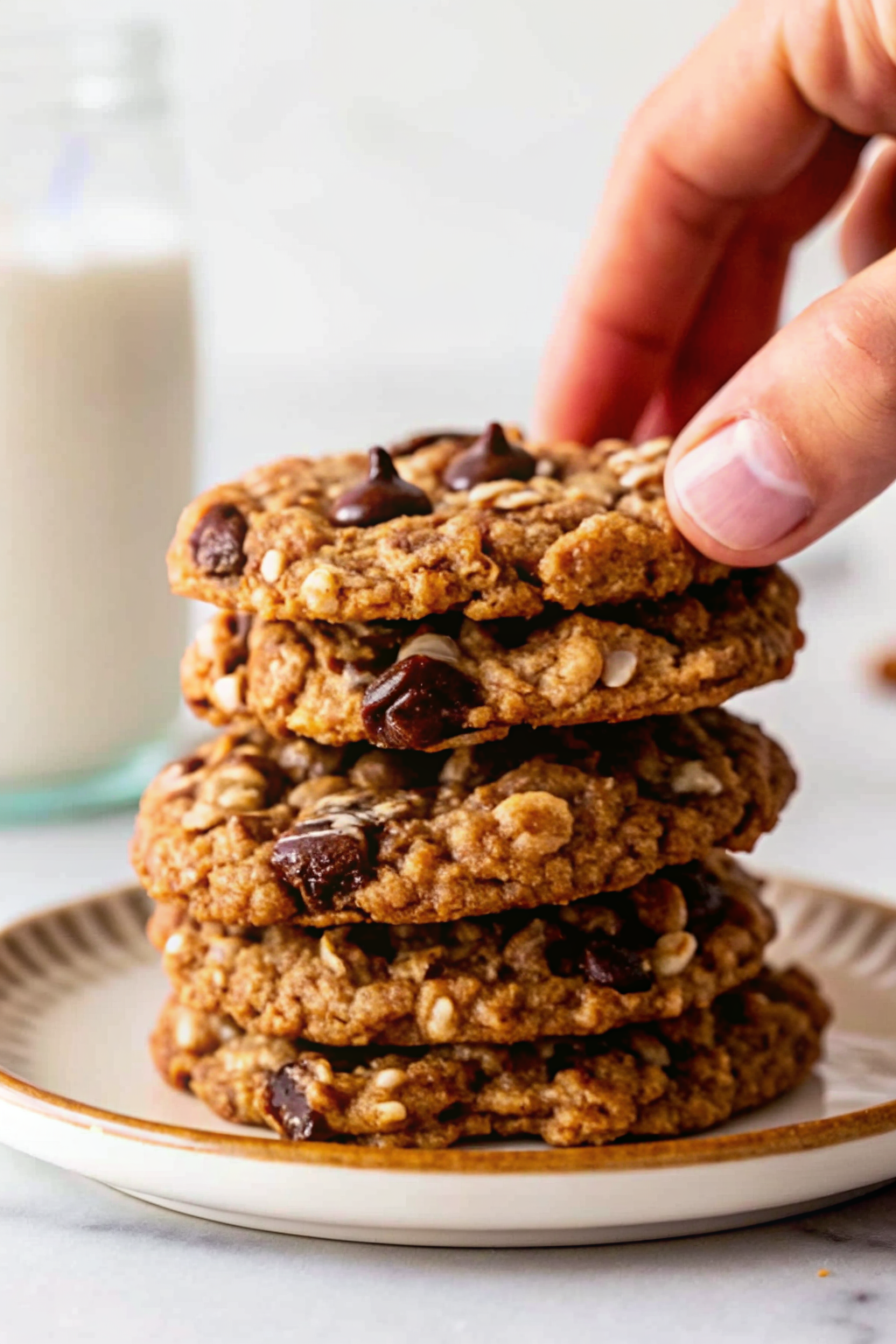 Mixing raw oatmeal cookie dough with rolled oats and brown sugar in a bowl